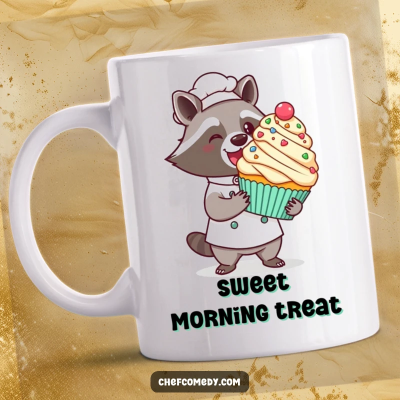 Funny kawaii raccoon chef mug, a proud raccoon presenting a giant decorated cupcake with a flourish, sweet culinary art.