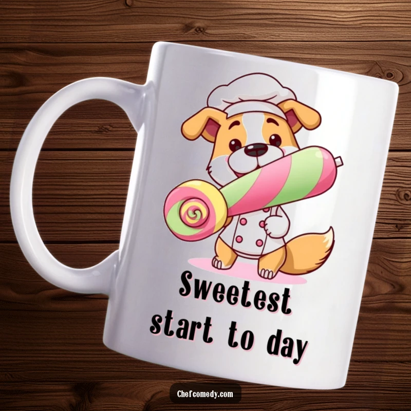 Funny Dog Chef Mug showing a happy dog chef presenting a giant lollipop, ideal for a humorous pet lover gift.
