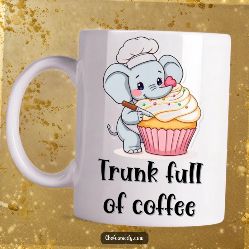 Funny mug showing a careful elephant chef delicately decorating a massive cupcake with frosting and sprinkles, ideal for gift-givers.