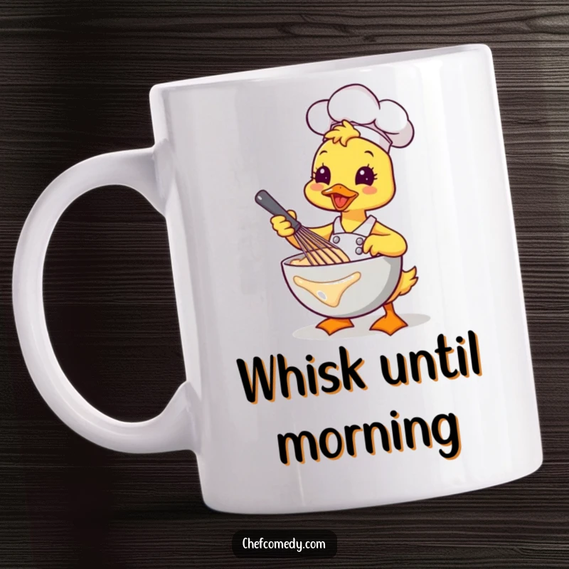 Funny Kawaii Duck Chef Mug, a cheerful cartoon duck energetically whisking batter with flair, a fun collectible.