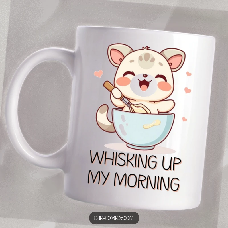 Funny kawaii animal joyfully whisking batter in a bowl, embodying the excitement of creation and baking.