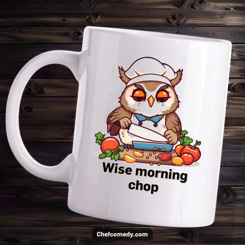 Funny Kawaii Owl Chef Mug, a cute cartoon owl meticulously chopping vegetables with concentration and happiness, a wise collectible.
