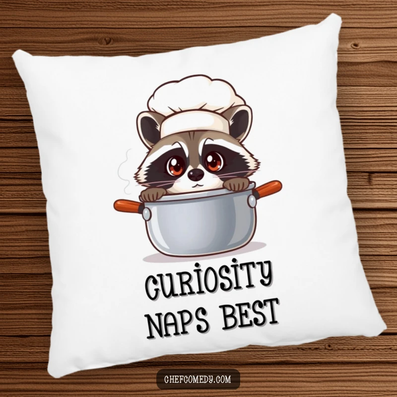 Soft pillow featuring a funny raccoon chef peeking into a steaming pot, adding cozy curiosity to any space.