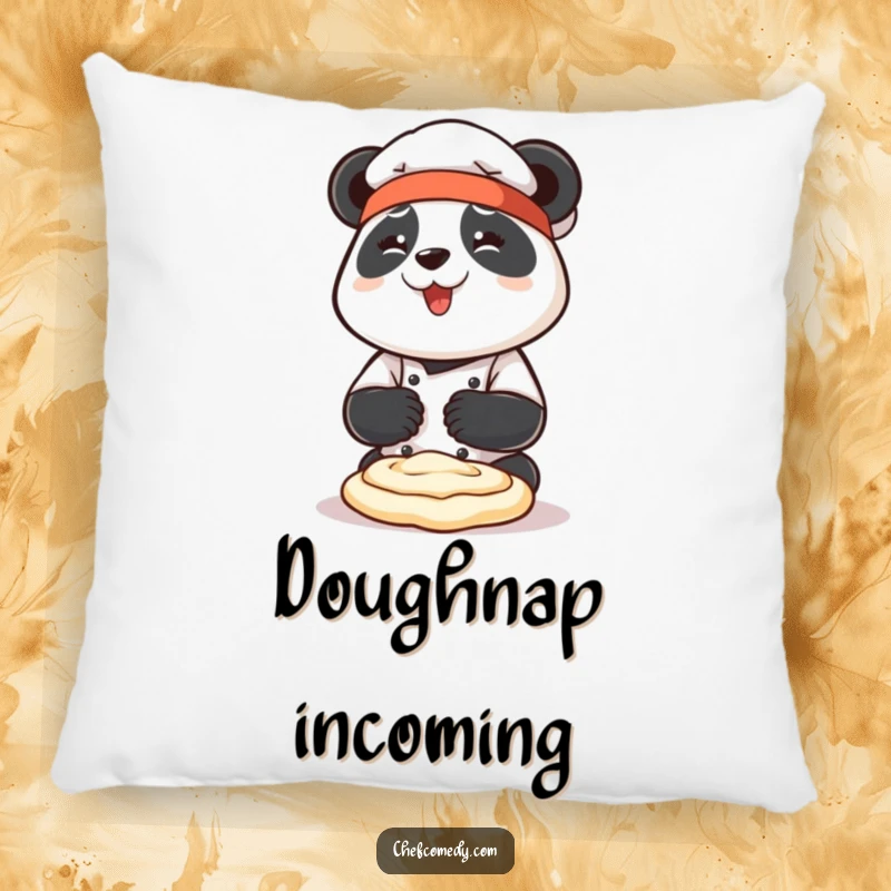 Funny panda chef character enthusiastically kneading dough with both paws on a soft pillow, perfect for cozy accent.