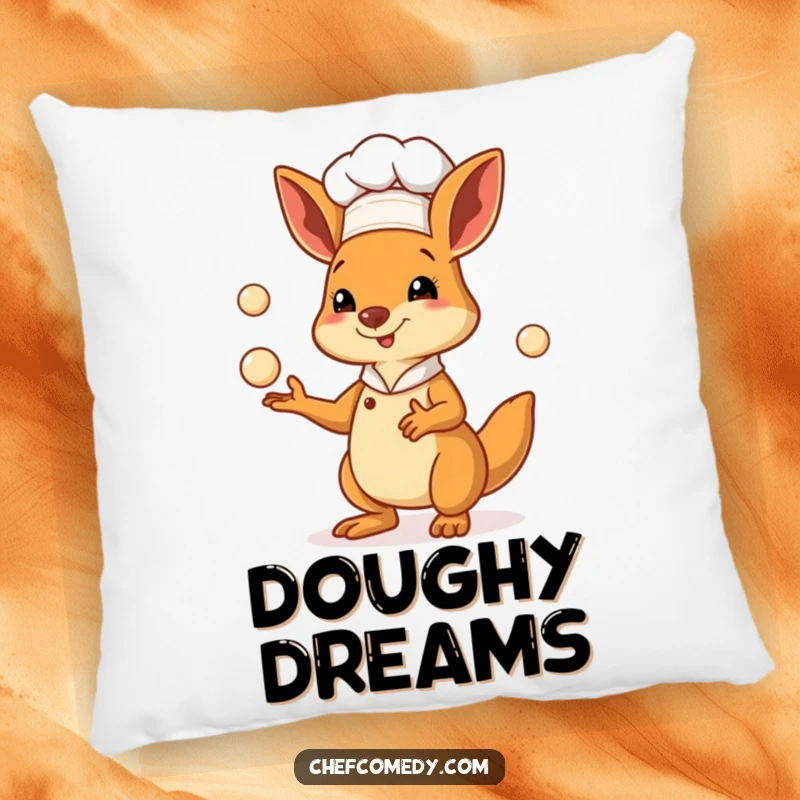 Funny kangaroo chef pillow featuring a happy marsupial baker juggling small dough balls, offering comfort and culinary cheer.