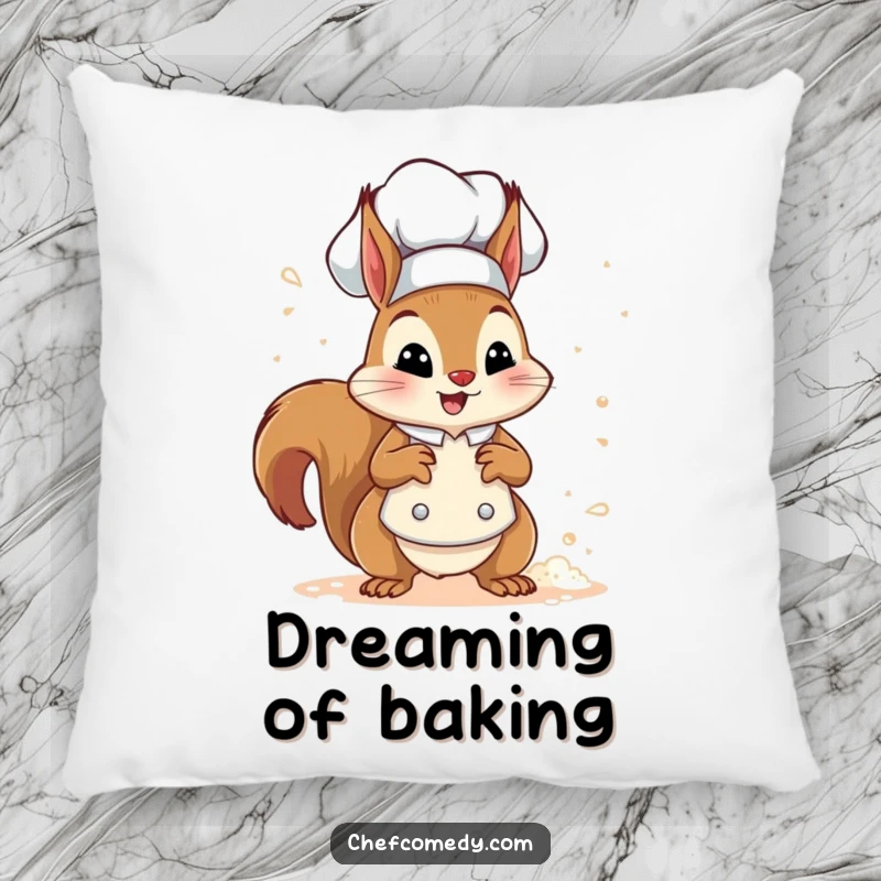 Soft pillow featuring a funny squirrel chef character sprinkling flour with a happy chest puff, adding cozy humor to any room.