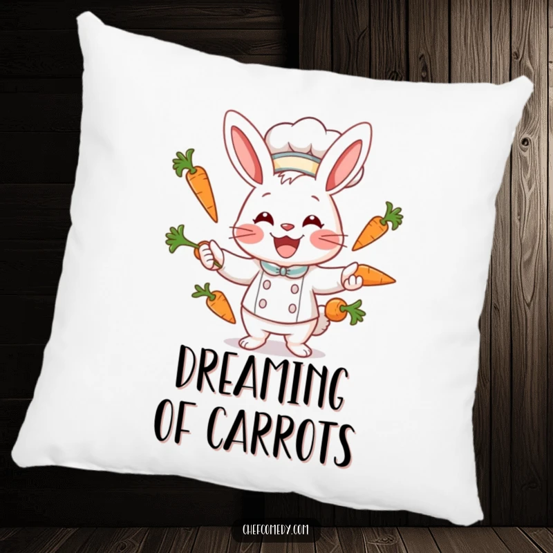 Funny rabbit chef character juggling carrots with a wide smile on a soft pillow, perfect for cozy accent.