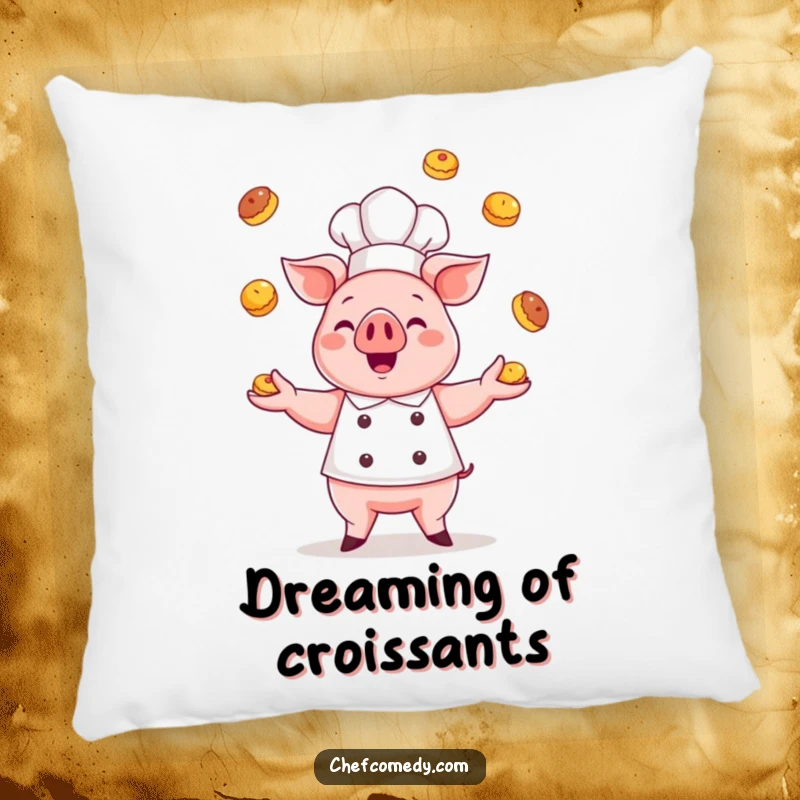 Funny kawaii pig chef pillow, a cute pig chef gleefully juggling pastries, offering comfort and a sprinkle of baking humor.