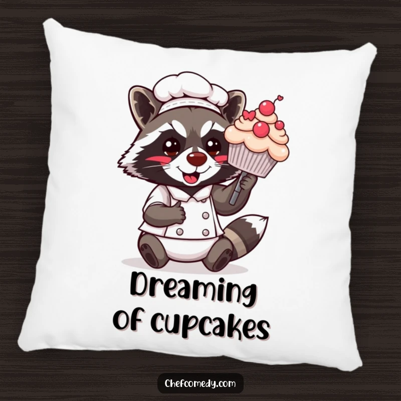 Funny Kawaii Raccoon Chef Pillow: A smiling raccoon chef character is featured, presenting a sweet cupcake, bringing a cozy and humorous vibe.