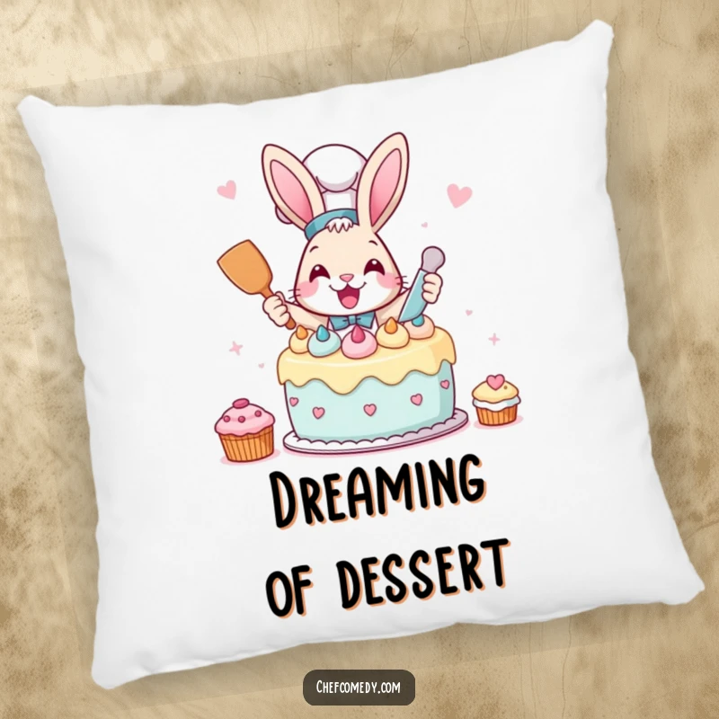 Funny Rabbit Chef Pillow featuring a rabbit chef frosting a cake, providing comfort and baking humor.