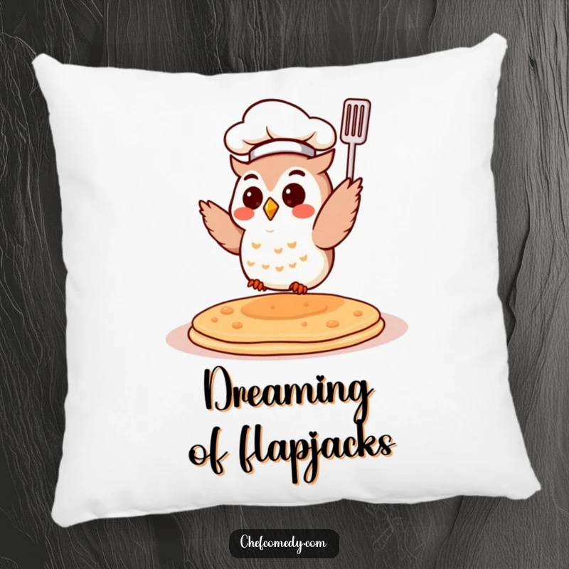 Funny Chef Owl Pillow: A small owl in a chef hat flips a pancake. Soft, comfortable, and full of charming culinary humor.