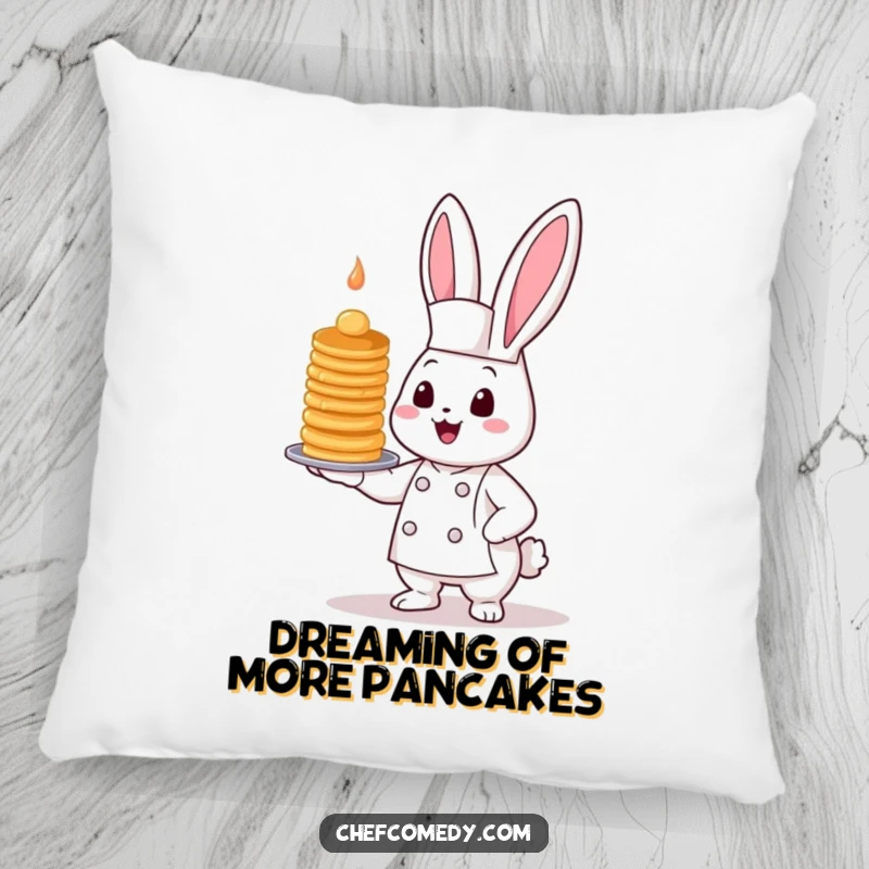 Funny Kawaii Bunny Chef Pillow with a cute bunny chef proudly showing off a tall, wobbly stack of pancakes for comfort.