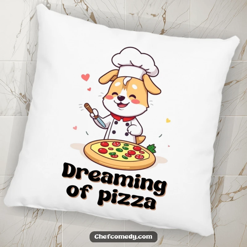 Funny Kawaii Dog Chef Pizza Pillow, a cute cartoon dog chef quickly decorating a pizza, soft and humorous home decor.