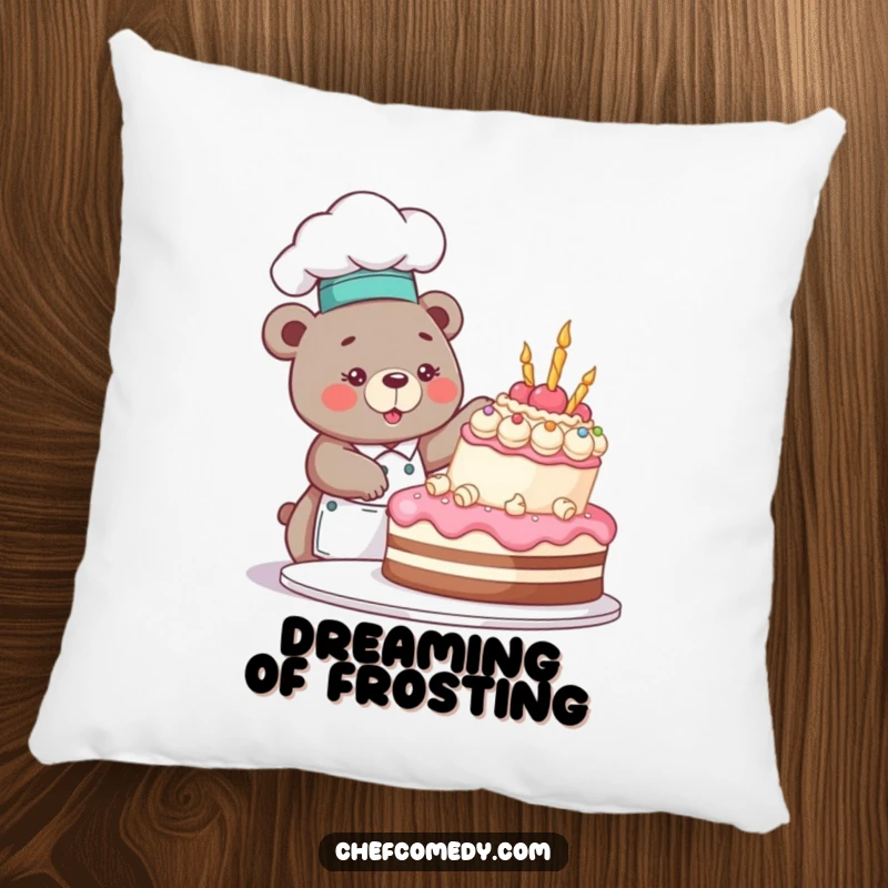 Funny bear chef character, covered in sprinkles, enthusiastically decorating a large cake, printed on a soft, plush pillow.