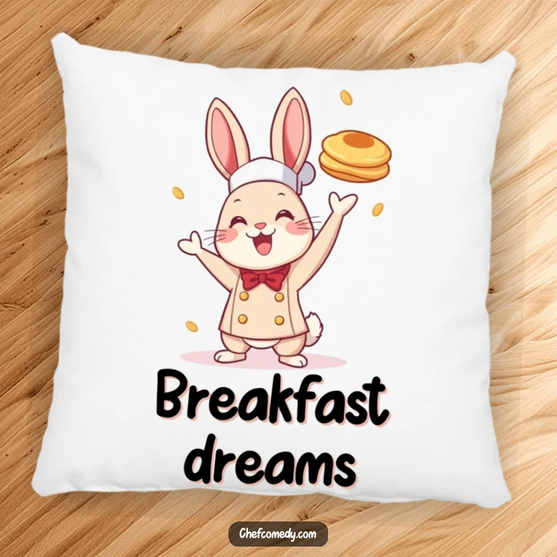 Funny pillow featuring a cheerful rabbit chef enthusiastically tossing a pancake, perfect for adding a cozy and fun breakfast accent.