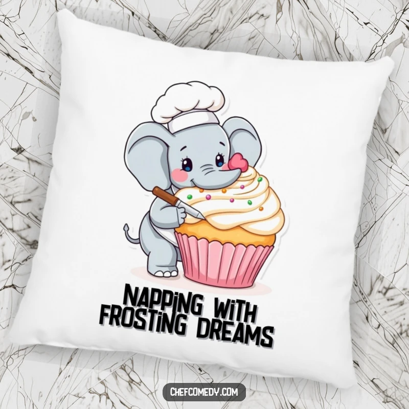 Funny throw pillow showing a careful elephant chef delicately decorating a giant cupcake, perfect for adding whimsical decor.