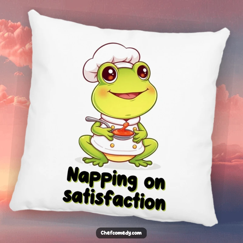 Soft pillow featuring a funny frog chef happily tasting sauce with a smile, adding joyful comfort to any space.