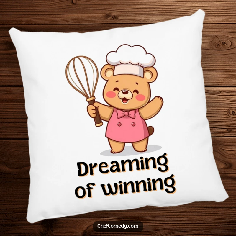 Funny Kawaii Bear Chef Trophy Pillow, a happy cartoon bear holding a whisk trophy, soft and humorous home decor.