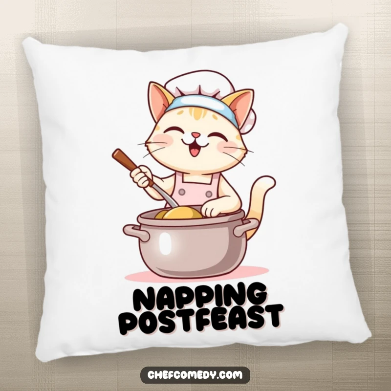 Funny Kawaii Cat Chef Pillow: A cute cat chef happily stirs a giant pot. Soft, comfortable, and full of adorable culinary humor.