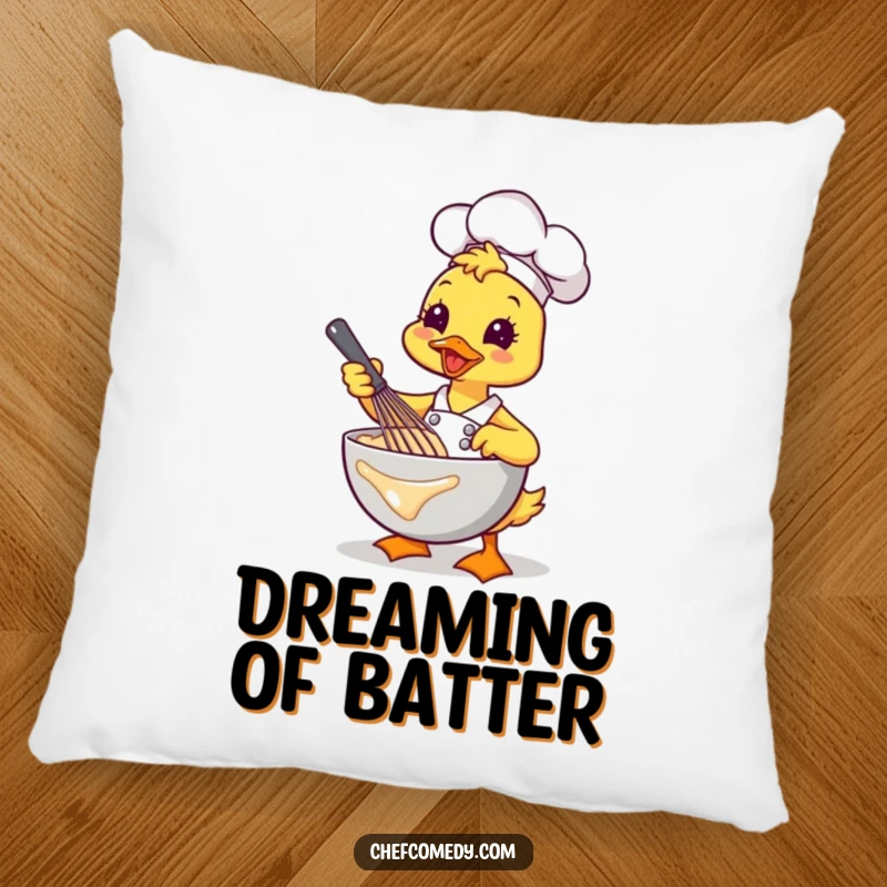 Funny Kawaii Duck Chef Whisking Pillow, a cute cartoon duck energetically whisking batter, soft and humorous home decor.