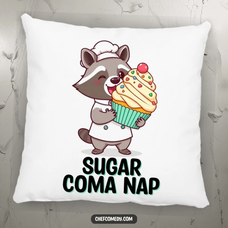 Funny kawaii raccoon chef pillow, a proud raccoon presenting a giant decorated cupcake with a flourish, soft and decorative.