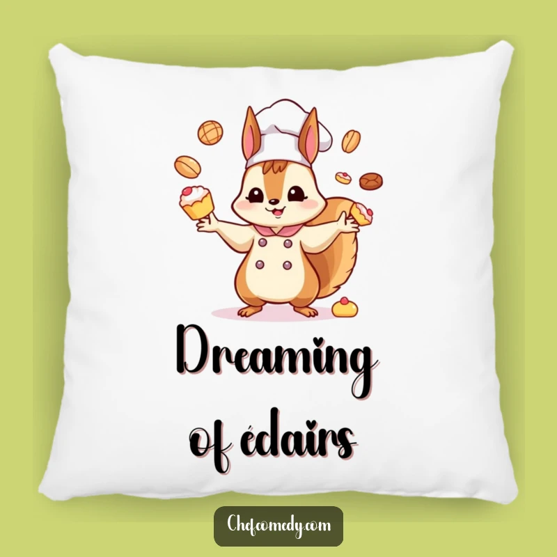 Funny Kawaii Squirrel Chef Pillow: Soft Humor with Juggling Pastries Design