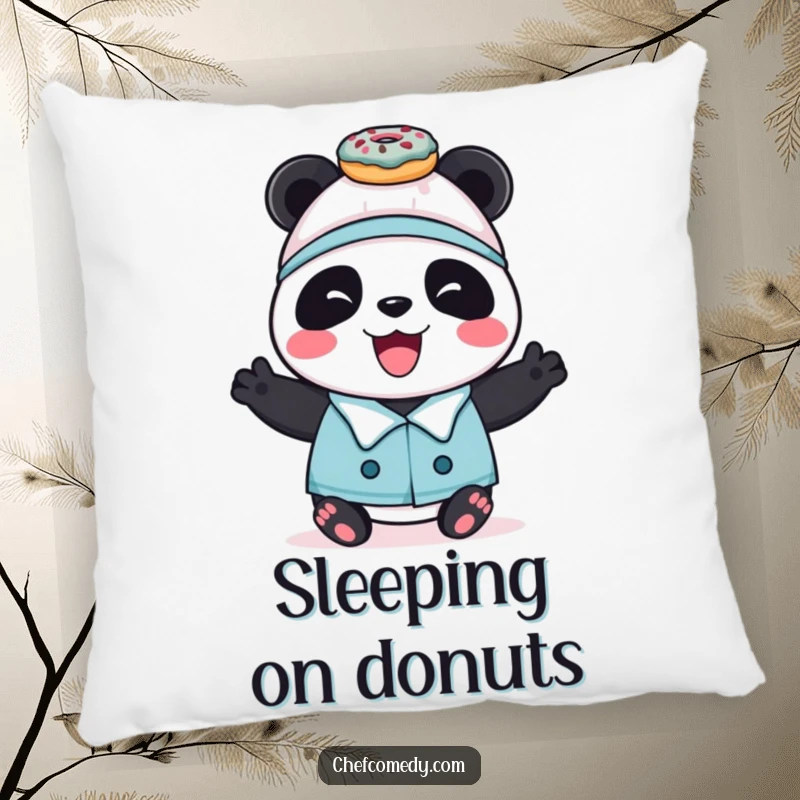 Soft pillow featuring a funny panda chef balancing donuts, adding cozy sweetness to any space.