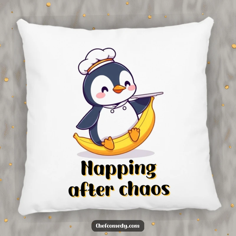 Funny Penguin Chef Pillow: A soft pillow featuring a penguin chef humorously slipping on a banana peel with a plate.