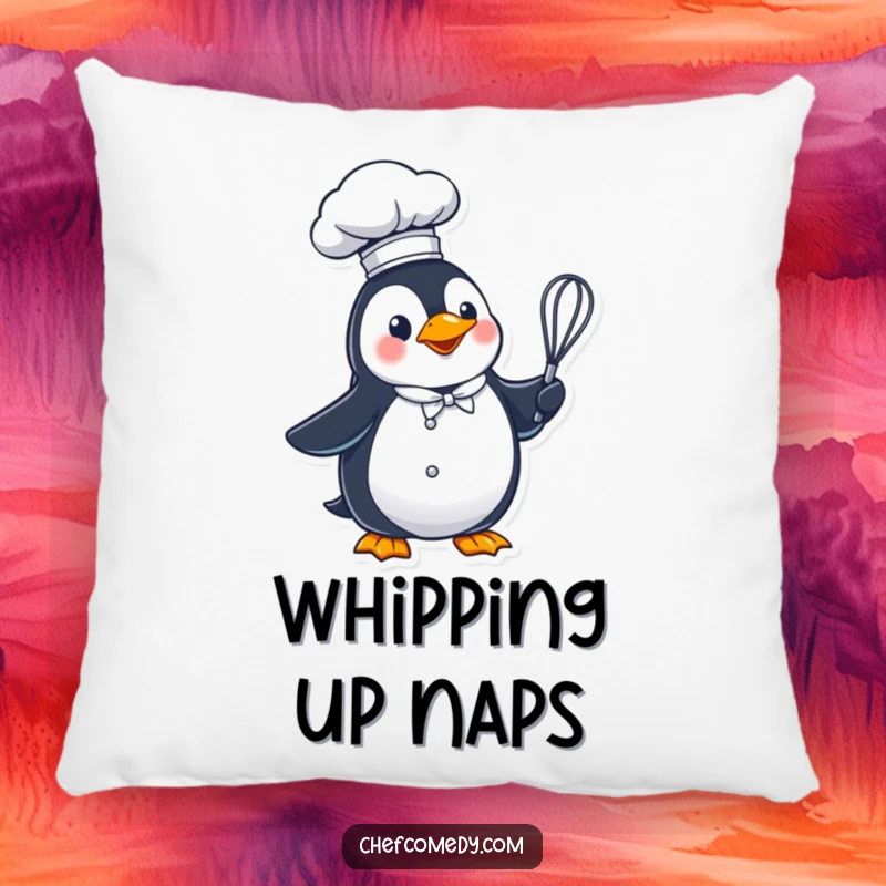 Funny penguin chef in a tall hat, holding a whisk, a soft and humorous throw pillow.