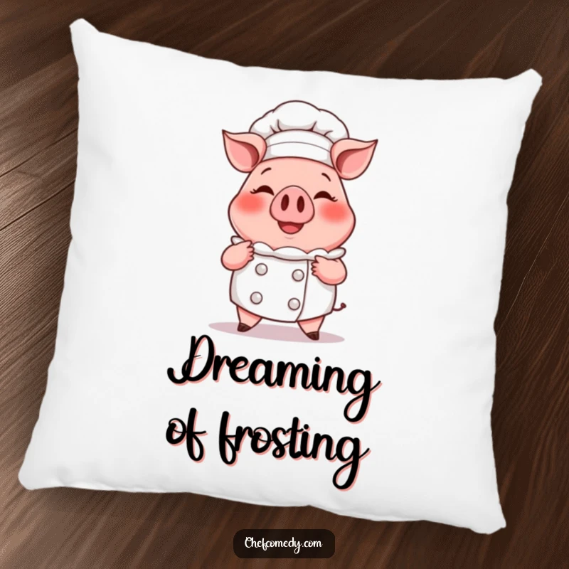 Funny pillow featuring a smiling cartoon pig chef proudly presenting a steaming, oversized cupcake, offering comfort and culinary charm.