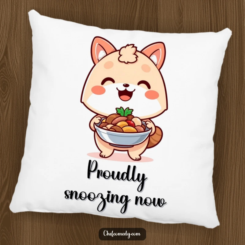 Funny kawaii animal pillow, depicted with a proud smile, presenting a delicious dish it has prepared.