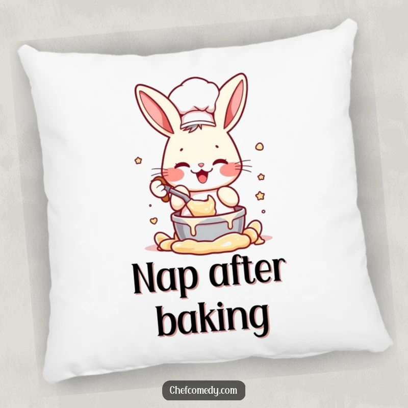 Funny pillow featuring an energetic rabbit chef character enthusiastically mixing batter, providing comfort and a humorous decorative accent.
