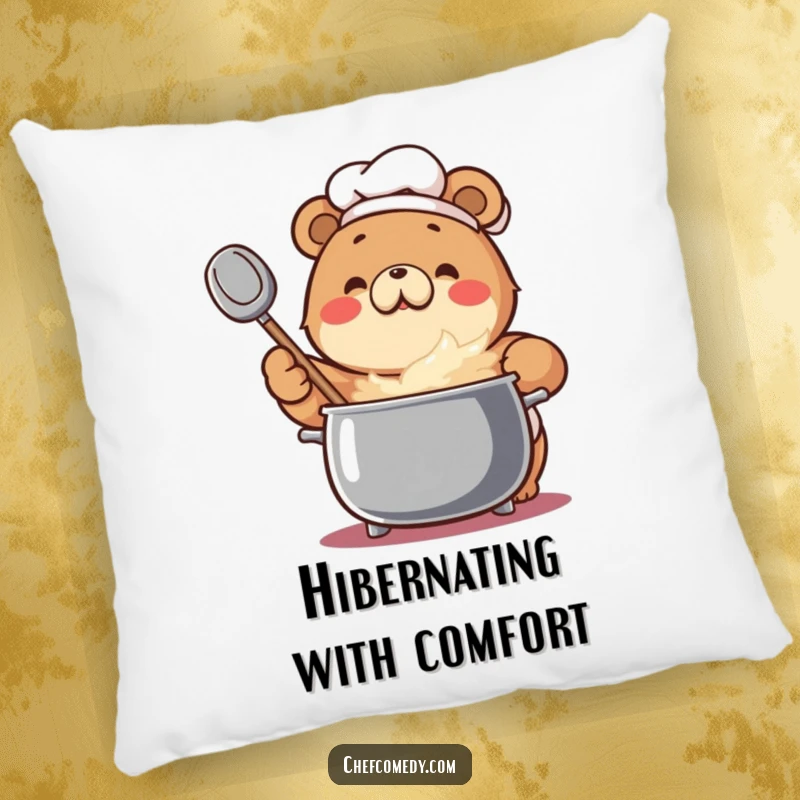 Funny Bear Chef Pillow: An enthusiastic bear stirs a bubbling pot, offering comfort and cheer.