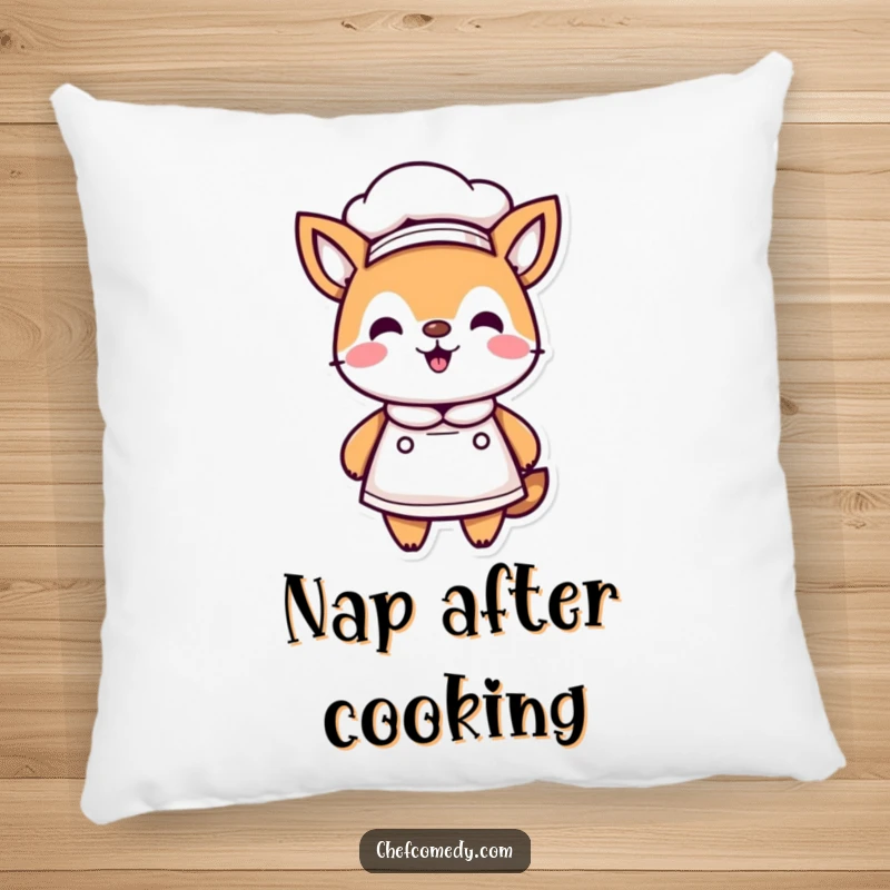 Funny Kawaii Animal Chef Pillow, proudly wearing a chef hat and apron, perfect for cozy decor and humorous culinary appreciation.