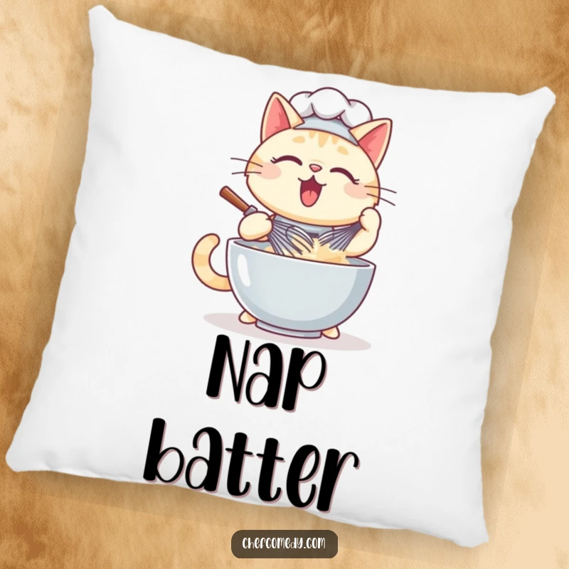 Funny kawaii cat chef pillow graphic of a cat whisking batter, soft and perfect for a cozy kitchen nook.