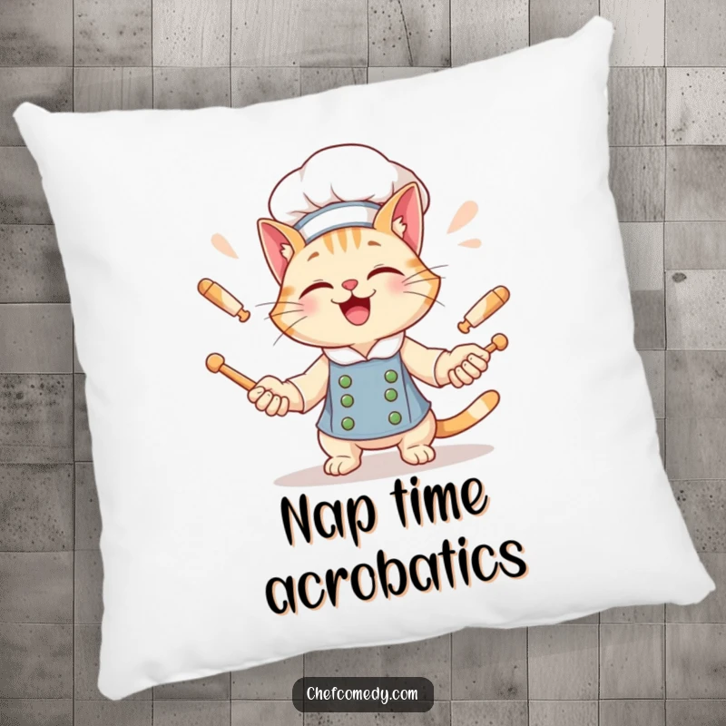 Funny Cat Chef Pillow: A grinning cat chef playfully juggles rolling pins, bringing comfort and cheer.
