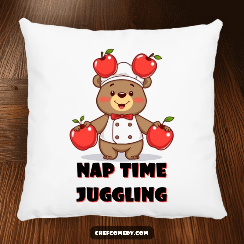 Soft and funny bear chef pillow, proudly juggling three gleaming red apples, offering comfort and comedic charm.