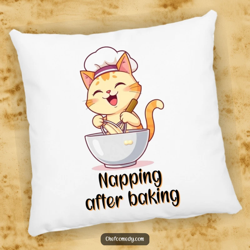 Funny pillow featuring a happy cat chef energetically whisking batter in a large bowl, offering comfort and culinary charm.