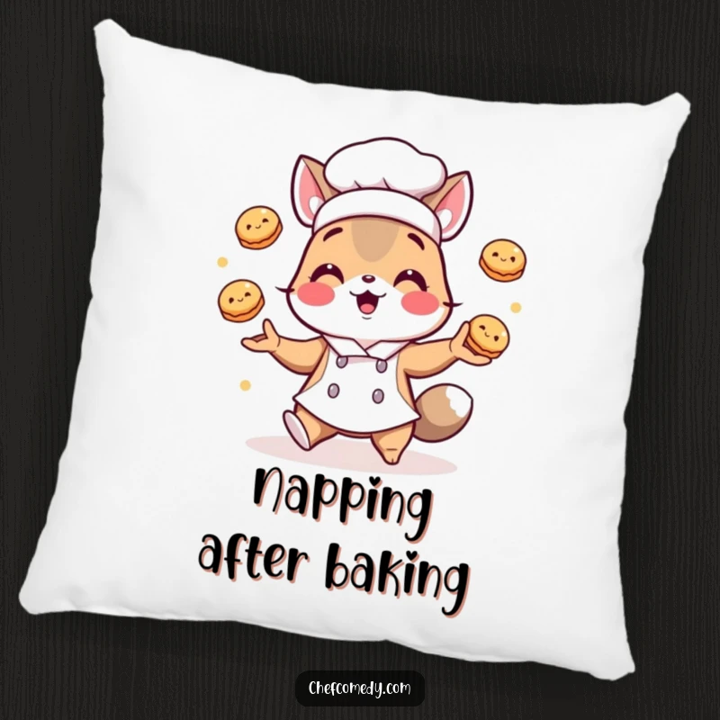 Funny pillow: A comfortable cushion featuring a chef animal character juggling small pastries, perfect for kitchen or dining humor.