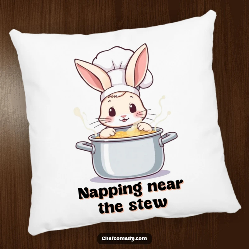 Soft and cozy funny rabbit chef pillow, peeking with wonder into a steaming, bubbling pot, offering comfort and charm.