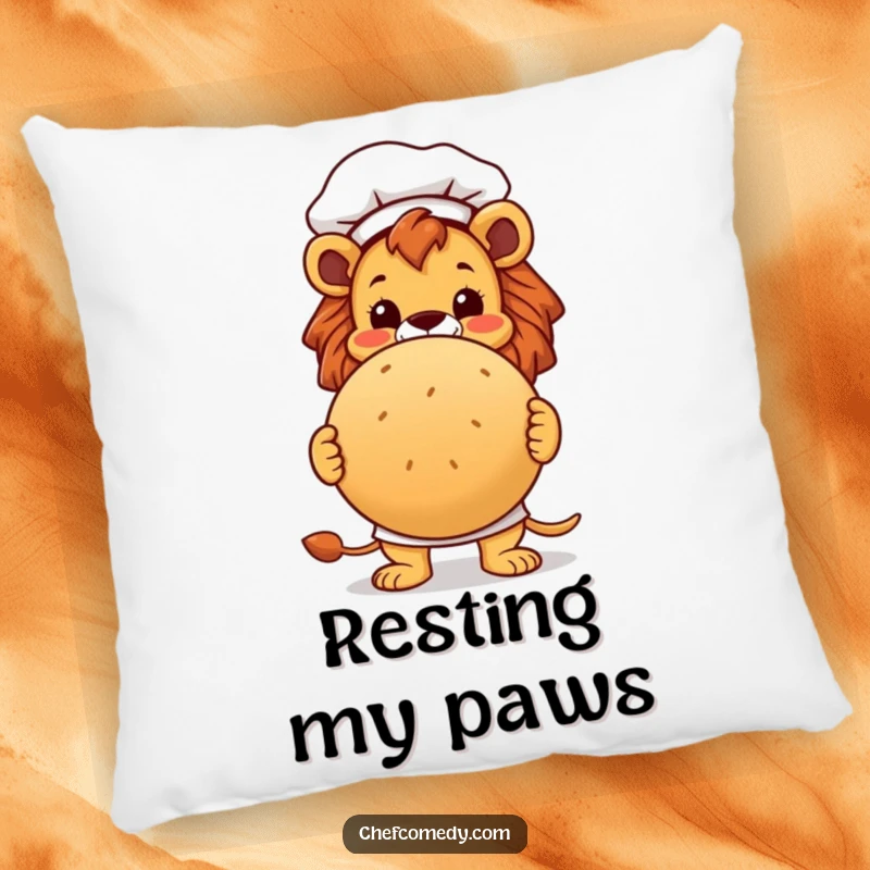 Funny lion chef character proudly presenting a large, round bread loaf on a soft pillow, adding humor to any room.