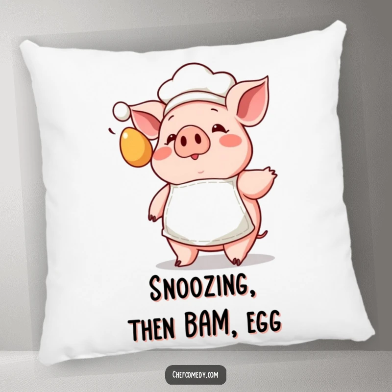 Funny Kawaii Pig Chef Pillow with a tiny apron, showing a surprised pig reacting to a flying egg, for ultimate comfort.