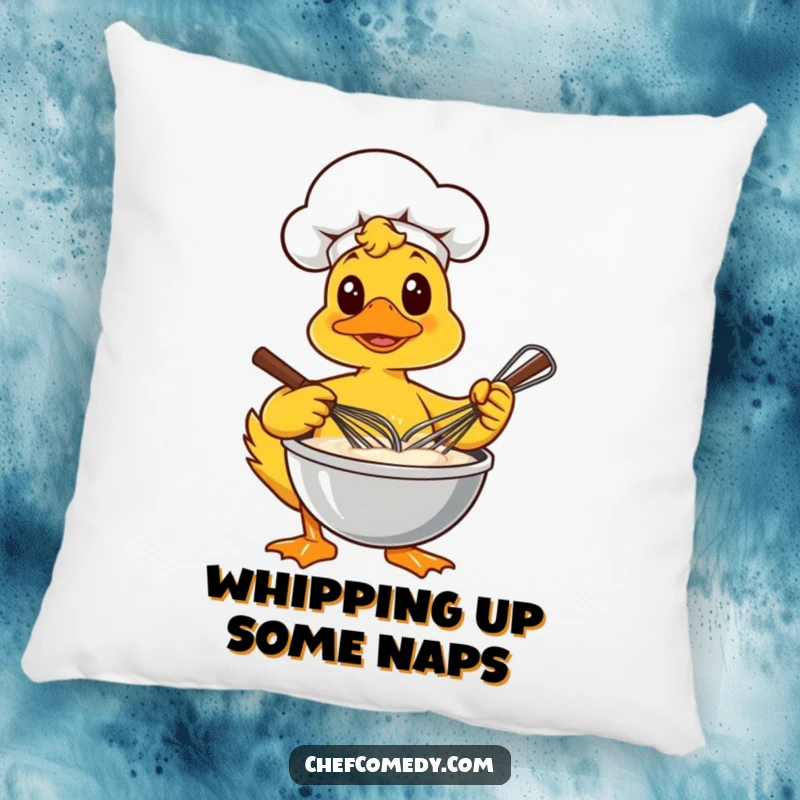 Funny throw pillow showing a determined duck chef vigorously whisking a bowl of creamy batter, perfect for cozy seating.