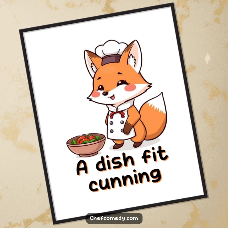 Funny Fox Chef Digital Art Print: A cunning fox chef triumphantly presents a steaming dish, embodying culinary success and humor.