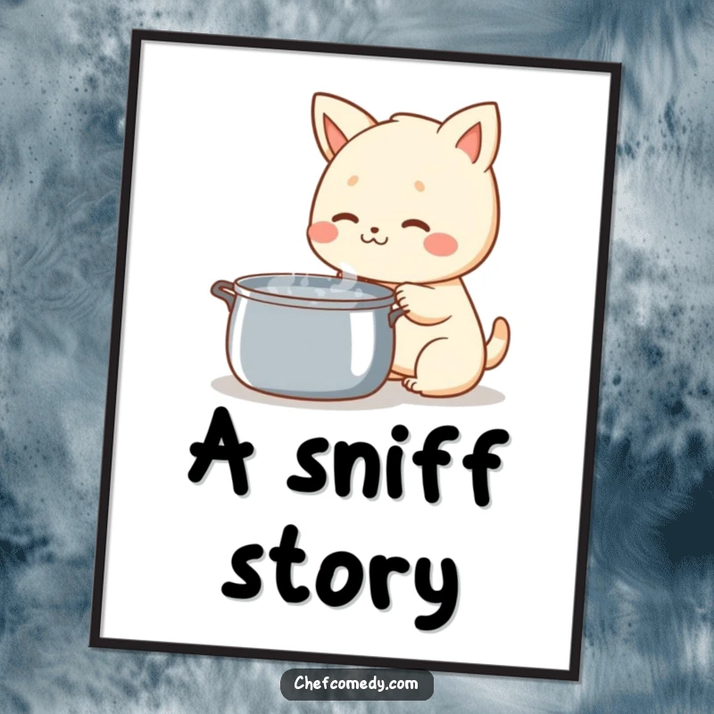 Funny Kawaii Animal Digital Art Print, joyfully sniffing a steaming pot, perfect for adding humorous and charming decor.