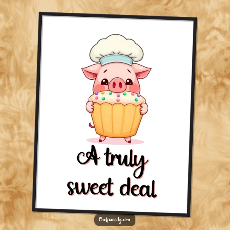 Funny Pig Chef Digital Art Print: A cheerful pig chef proudly displays a huge, decorated cupcake, ready for printing.