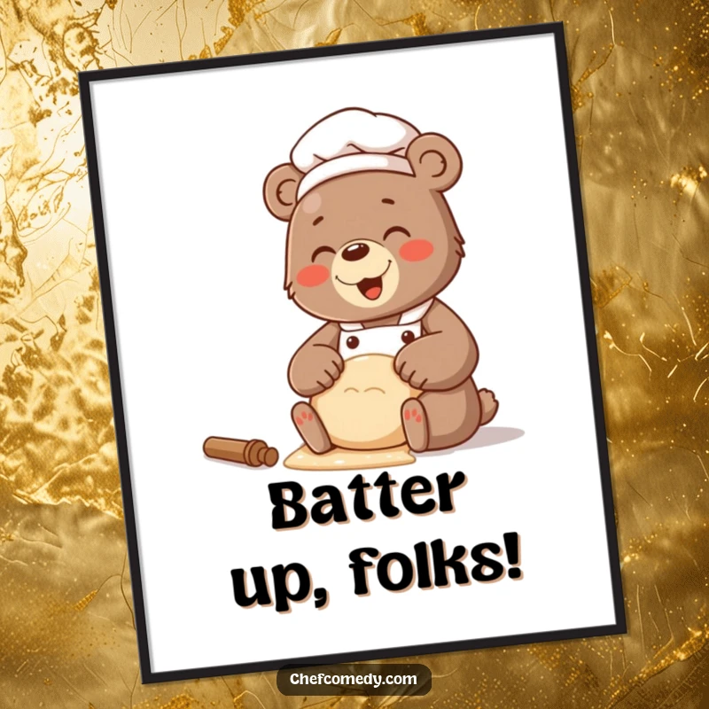Funny digital art print of a bear chef with a cheerful giggle, kneading dough, bringing baking joy.