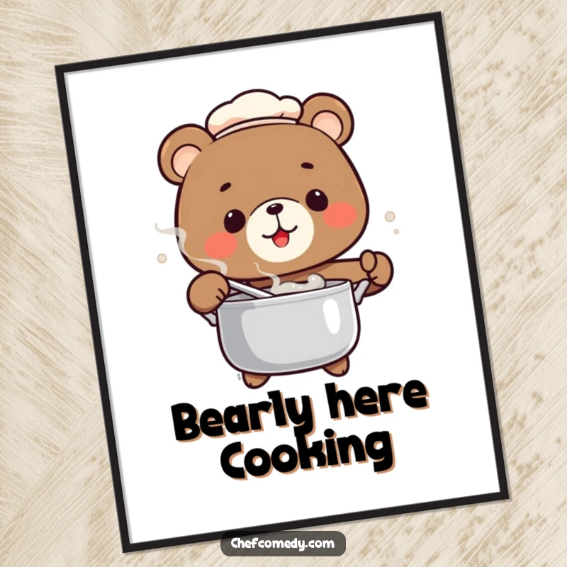 Funny Bear Chef Digital Art Print featuring a bear chef stirring a pot, ready for instant humorous wall decor.