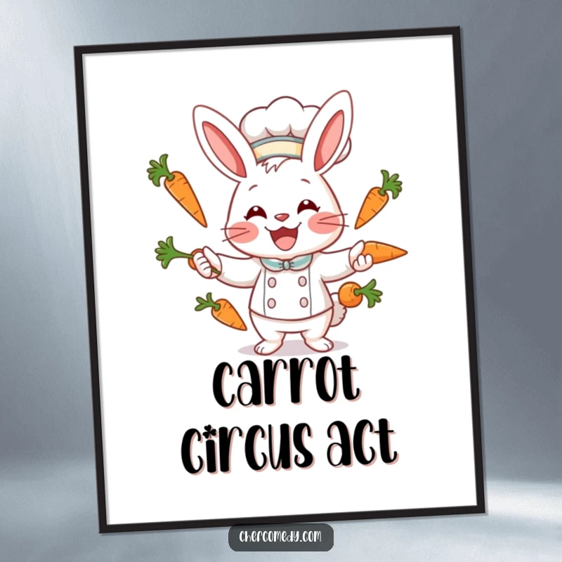 Funny rabbit chef character juggling carrots with a wide smile, high-resolution digital art print for instant decor.