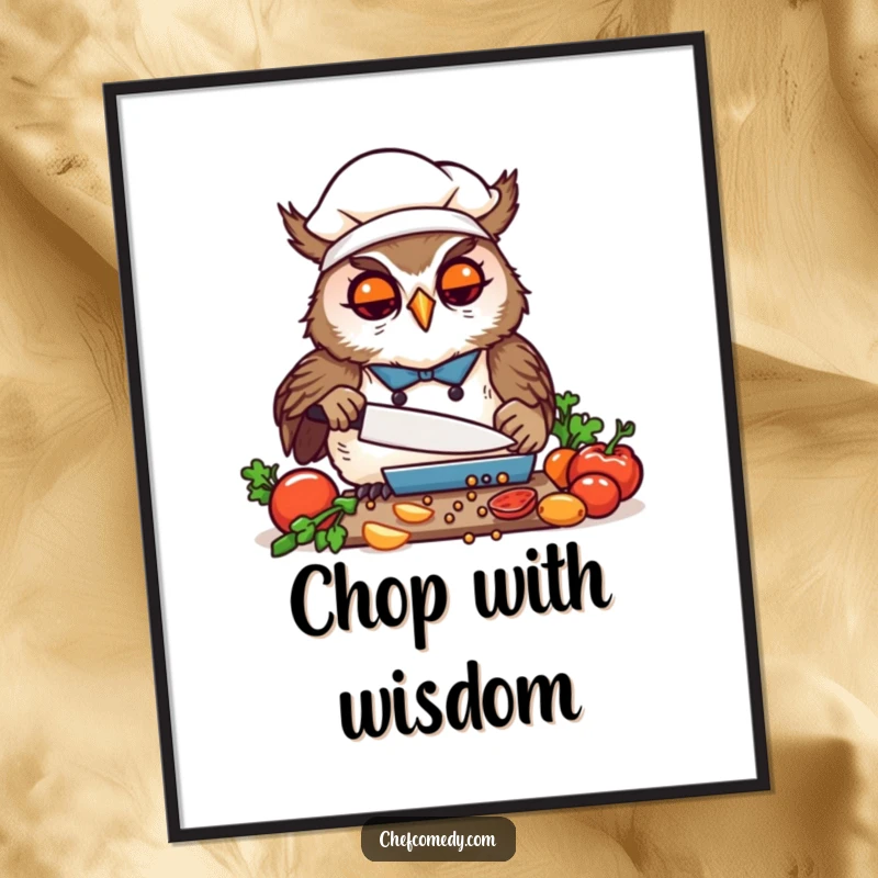 Funny Kawaii Owl Chef Digital Art Print, a focused cartoon owl joyfully chopping vegetables, vibrant and humorous decor.